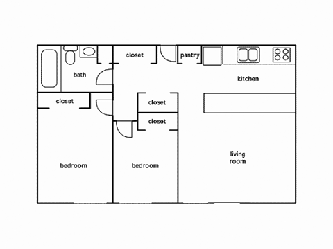 Floor plan for 2 beds, 1 bath, 672 sqft